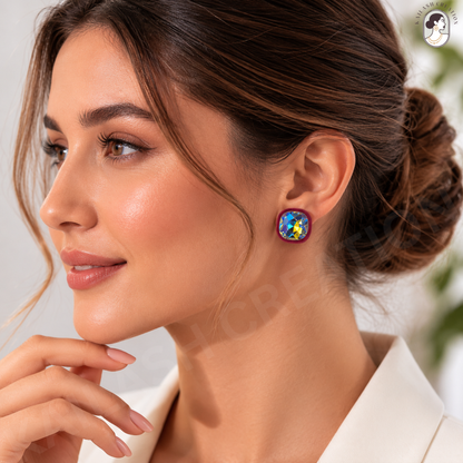 Velvet Bordered Crystal Stone Square Stud Earrings