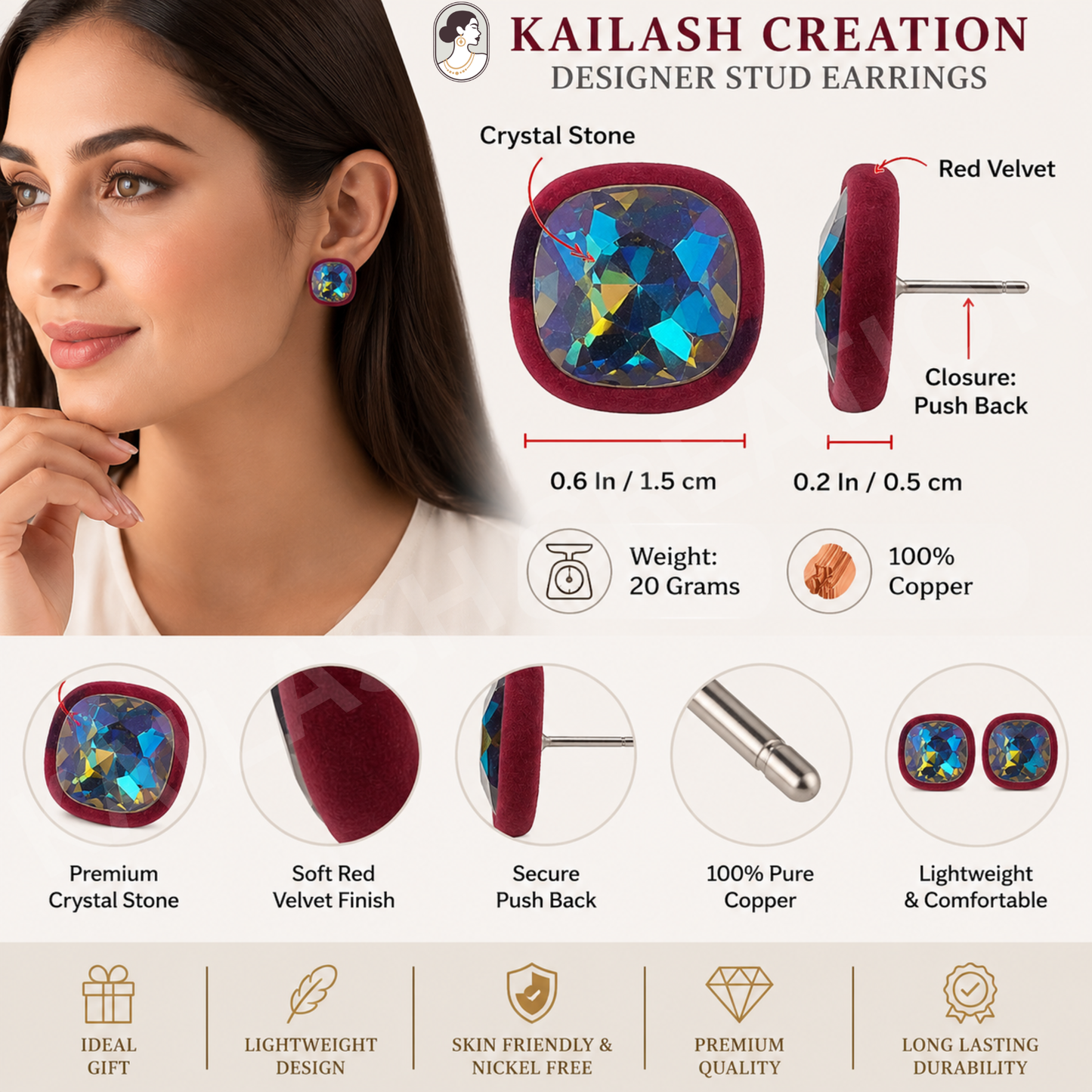 Velvet Bordered Crystal Stone Square Stud Earrings