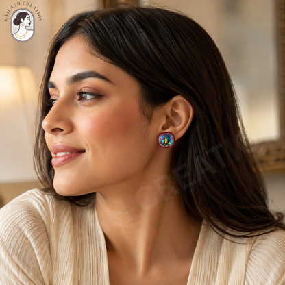 Velvet Bordered Crystal Stone Square Stud Earrings
