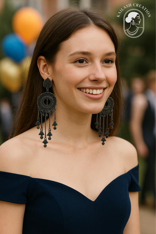 Black Boho Tribal Long Dangler Jhumki Earrings for Women