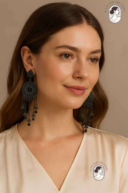 Black Boho Tribal Long Dangler Jhumki Earrings for Women