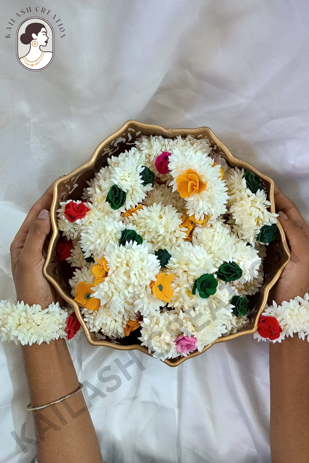 Artificial Mogra Gajra for Hair Bun with Red Yellow Green Flowers