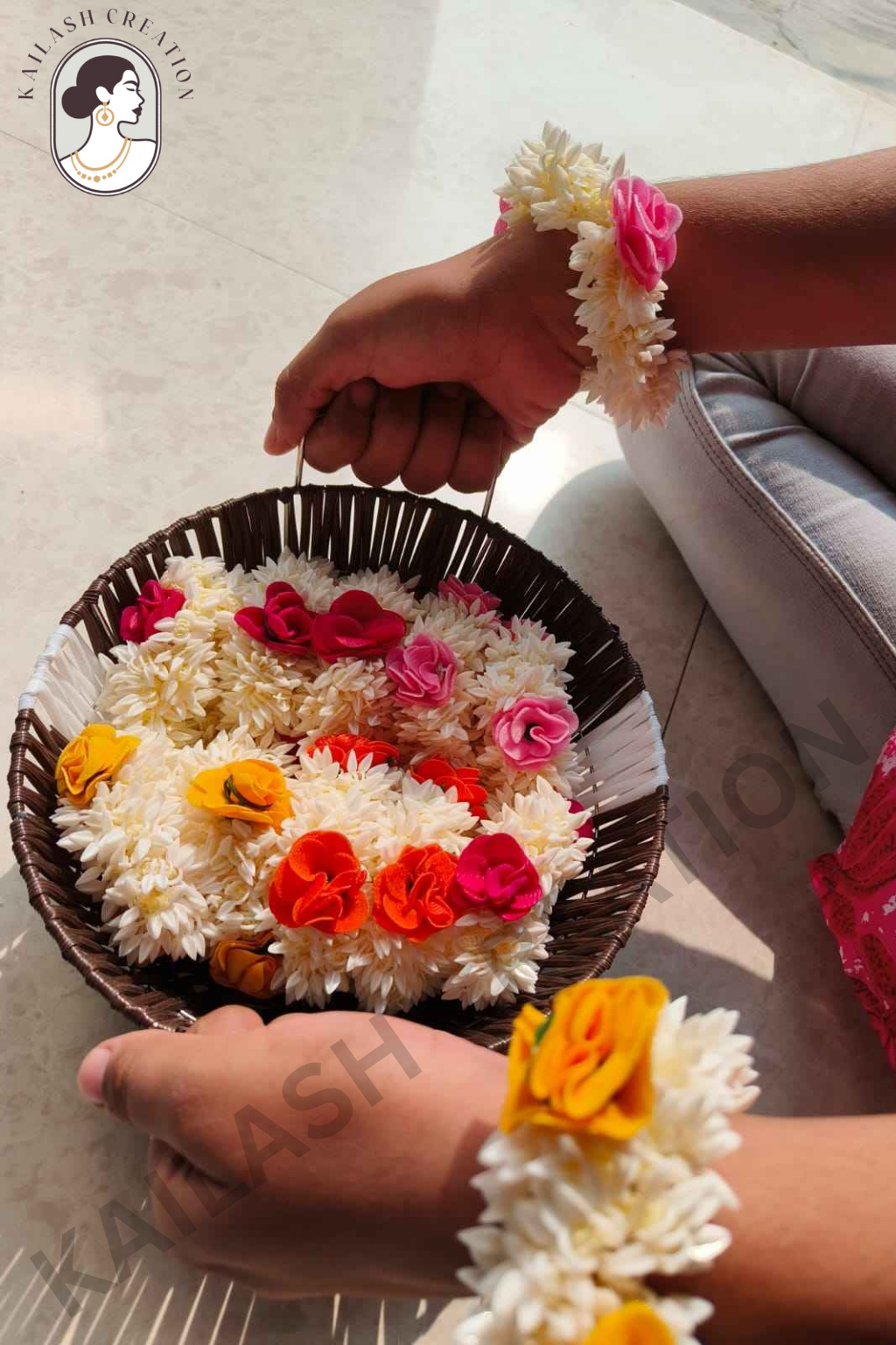 Artificial Mogra Gajra for Hair Bun with Red Yellow Green Flowers