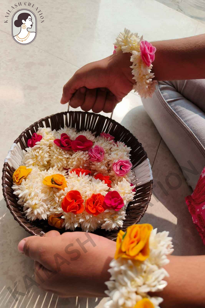 Artificial Mogra Gajra for Hair Bun with Red Yellow Green Flowers