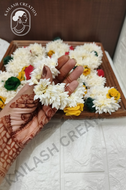 Artificial Mogra Gajra for Hair Bun with Red Yellow Green Flowers