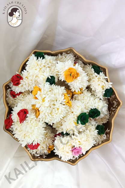 Artificial Mogra Gajra for Hair Bun with Red Yellow Green Flowers