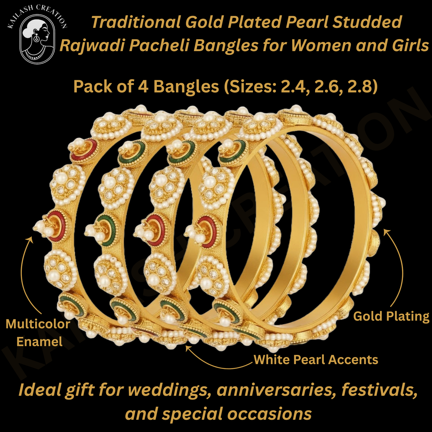 Gold Plated Pearl Rajwadi Pacheli Bangles Kada for Women and Girls (Pack of 4)
