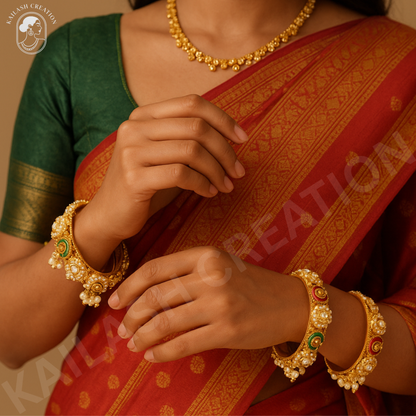 Gold Plated Pearl Rajwadi Pacheli Bangles Kada for Women and Girls (Pack of 4)