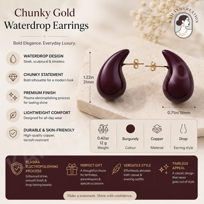 Maroon Chunky Gold Teardrop Earrings for Women