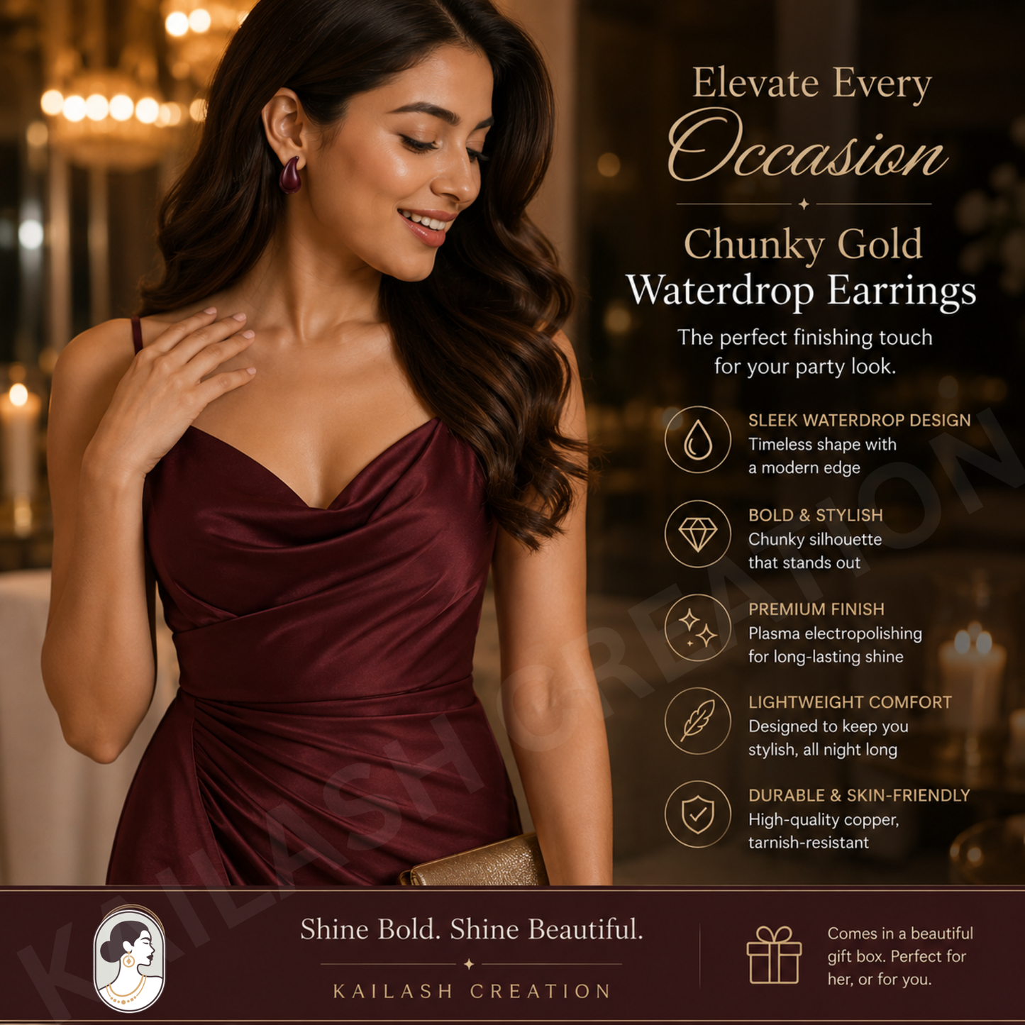 Maroon Chunky Gold Teardrop Earrings for Women