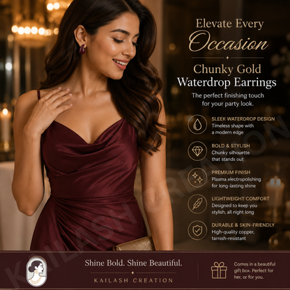 Maroon Chunky Gold Teardrop Earrings for Women