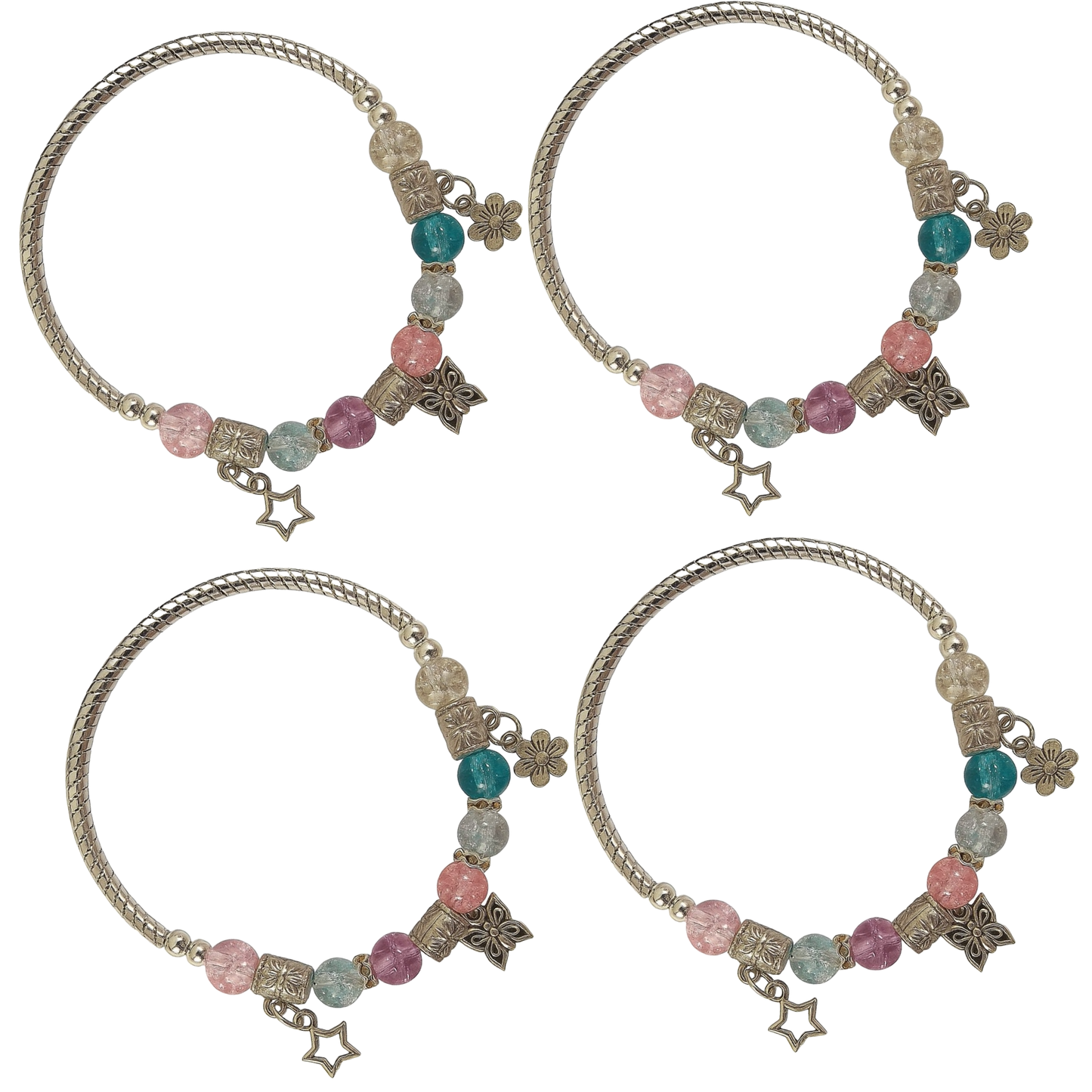 Colorful Beaded Charm Bracelet with Butterfly, Star & Flower for Women & Girls