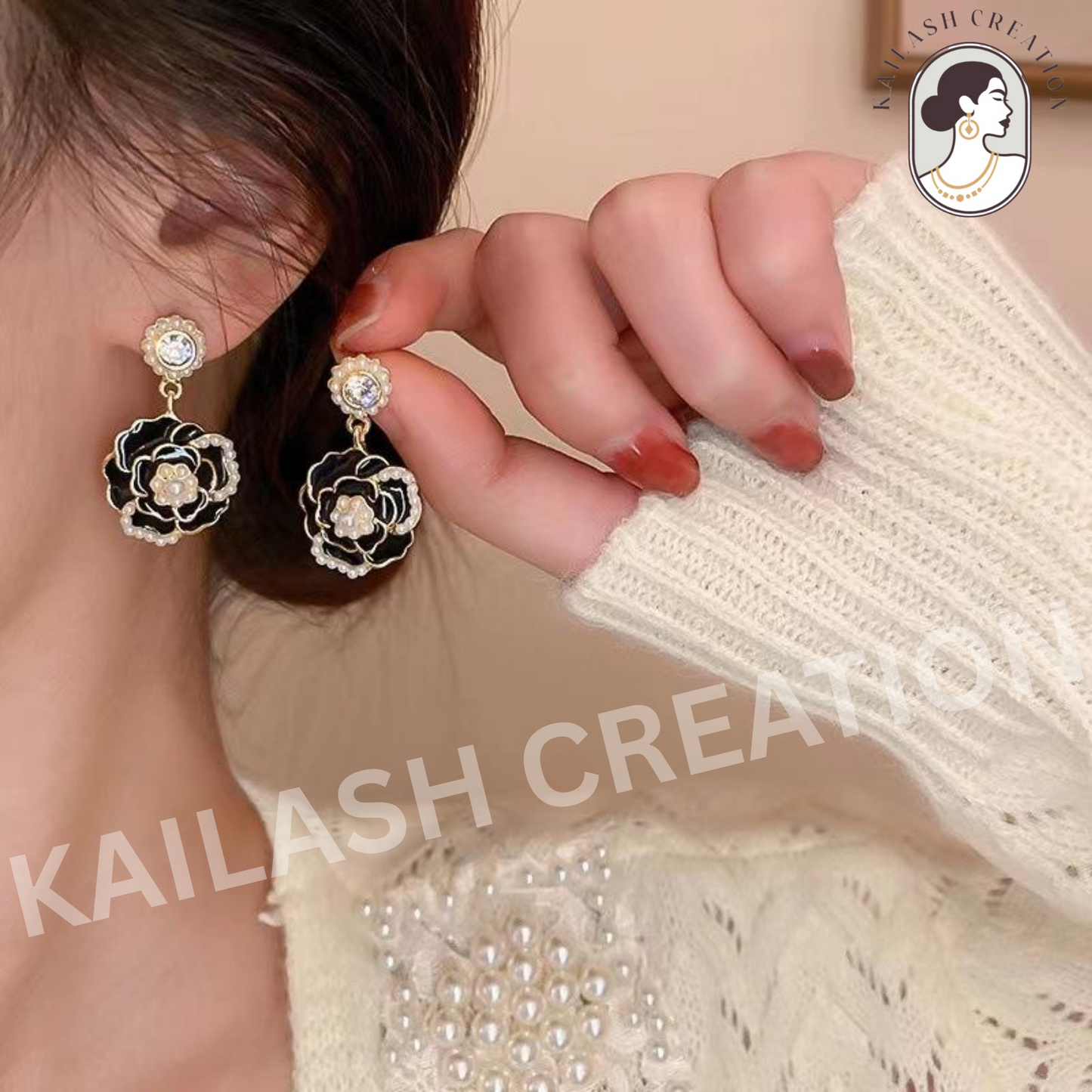 Crystal Pearl Camellia Earrings for Women