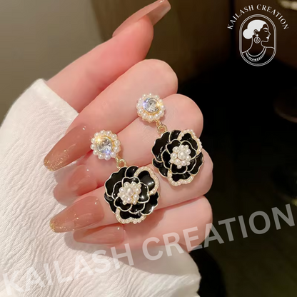 Crystal Pearl Camellia Earrings for Women