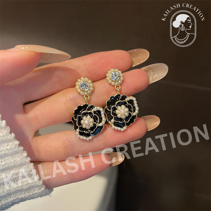 Crystal Pearl Camellia Earrings for Women