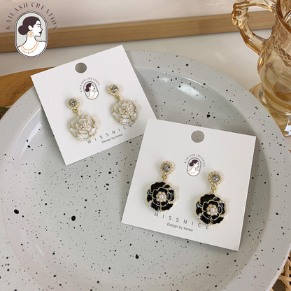 Crystal Pearl Camellia Earrings for Women