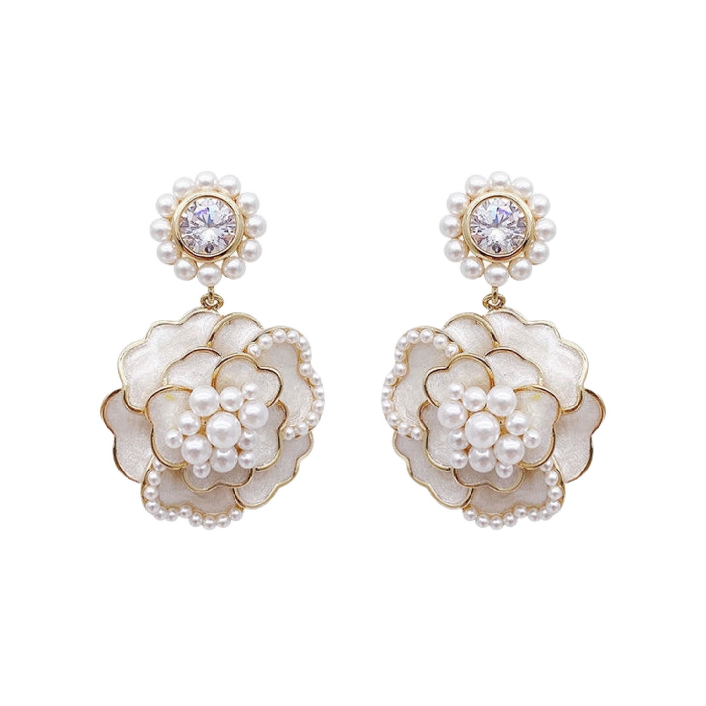 Crystal Pearl Camellia Earrings for Women