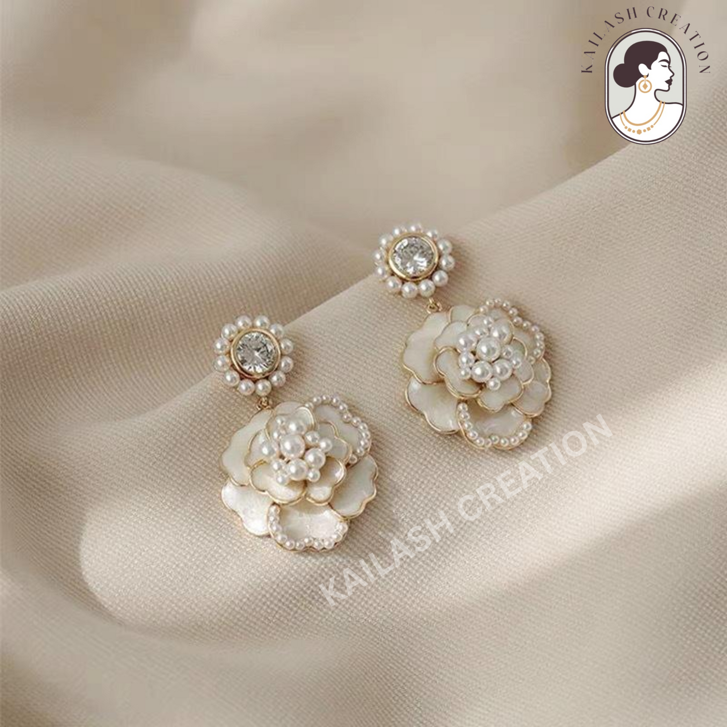 Crystal Pearl Camellia Earrings for Women