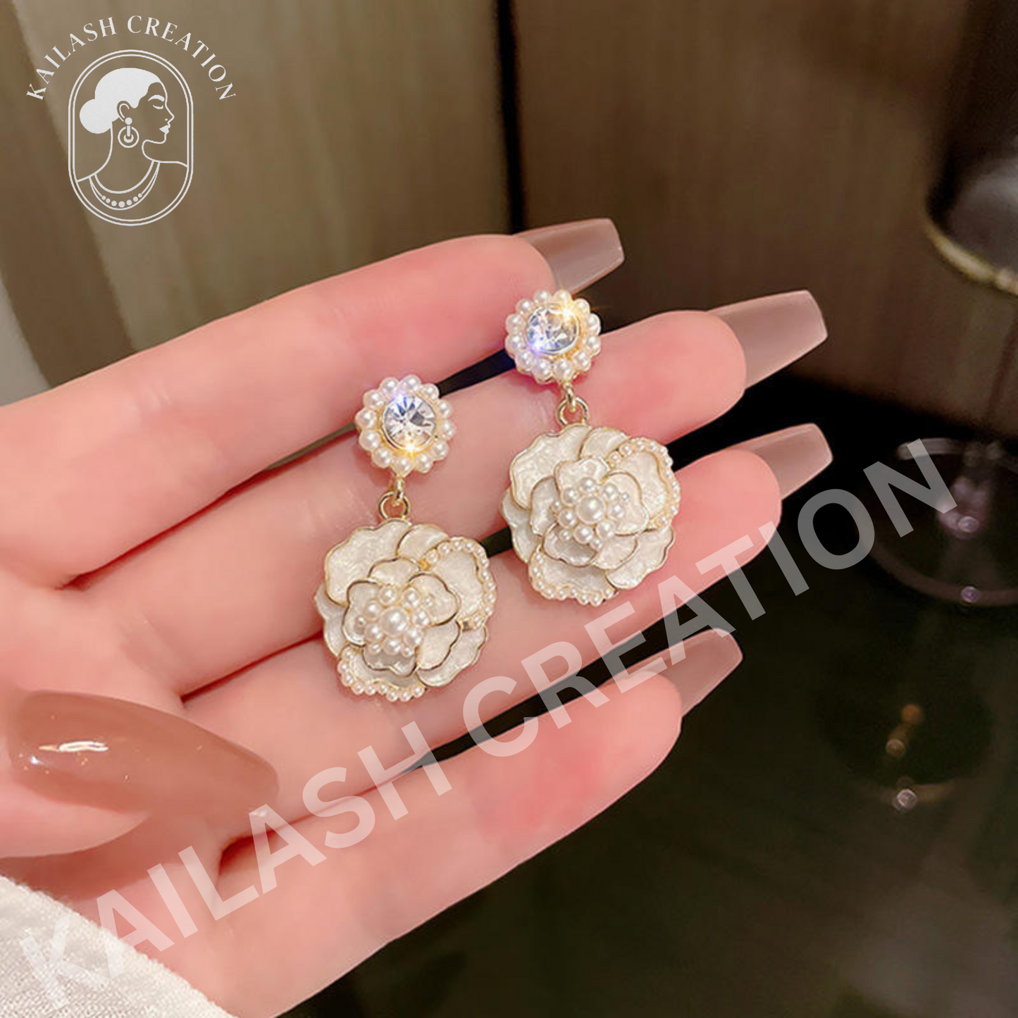 Crystal Pearl Camellia Earrings for Women