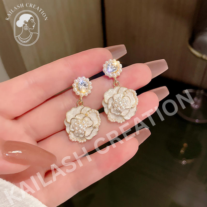 Crystal Pearl Camellia Earrings for Women