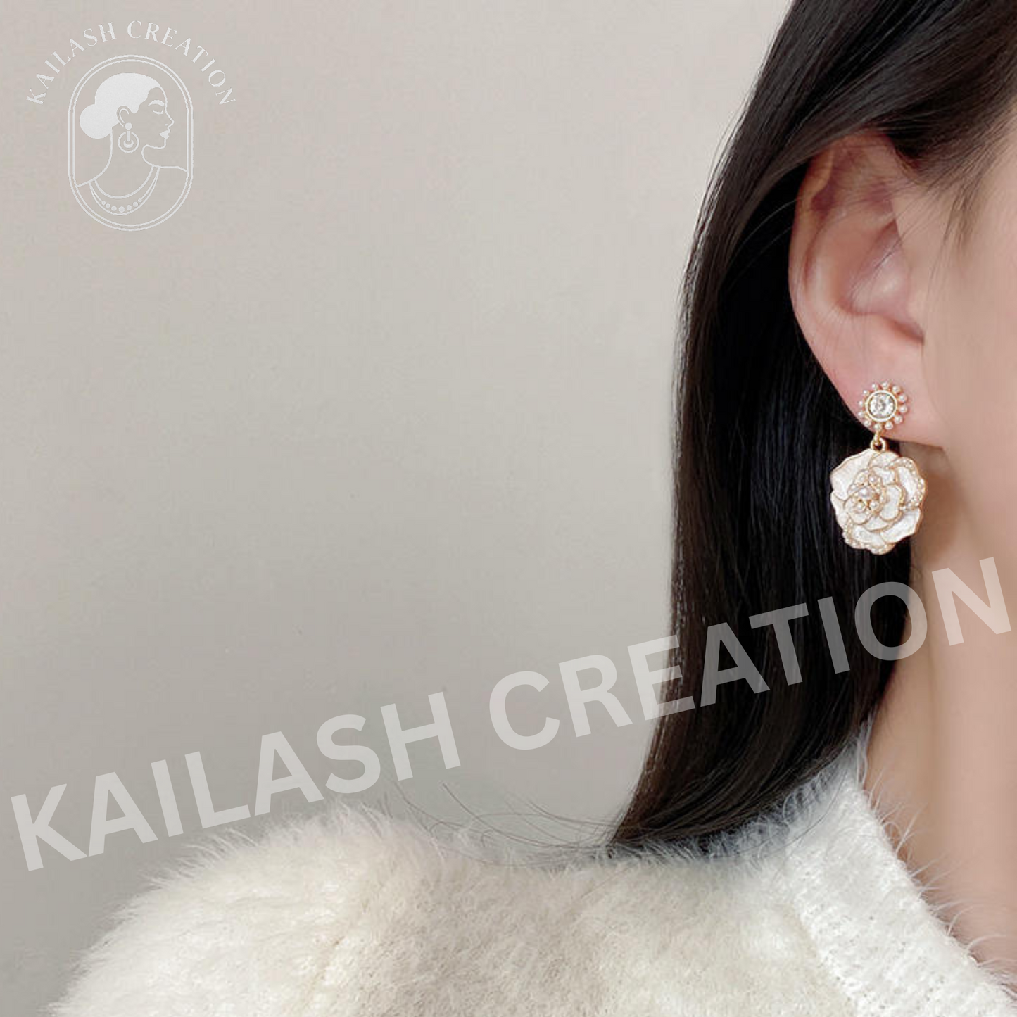 Crystal Pearl Camellia Earrings for Women