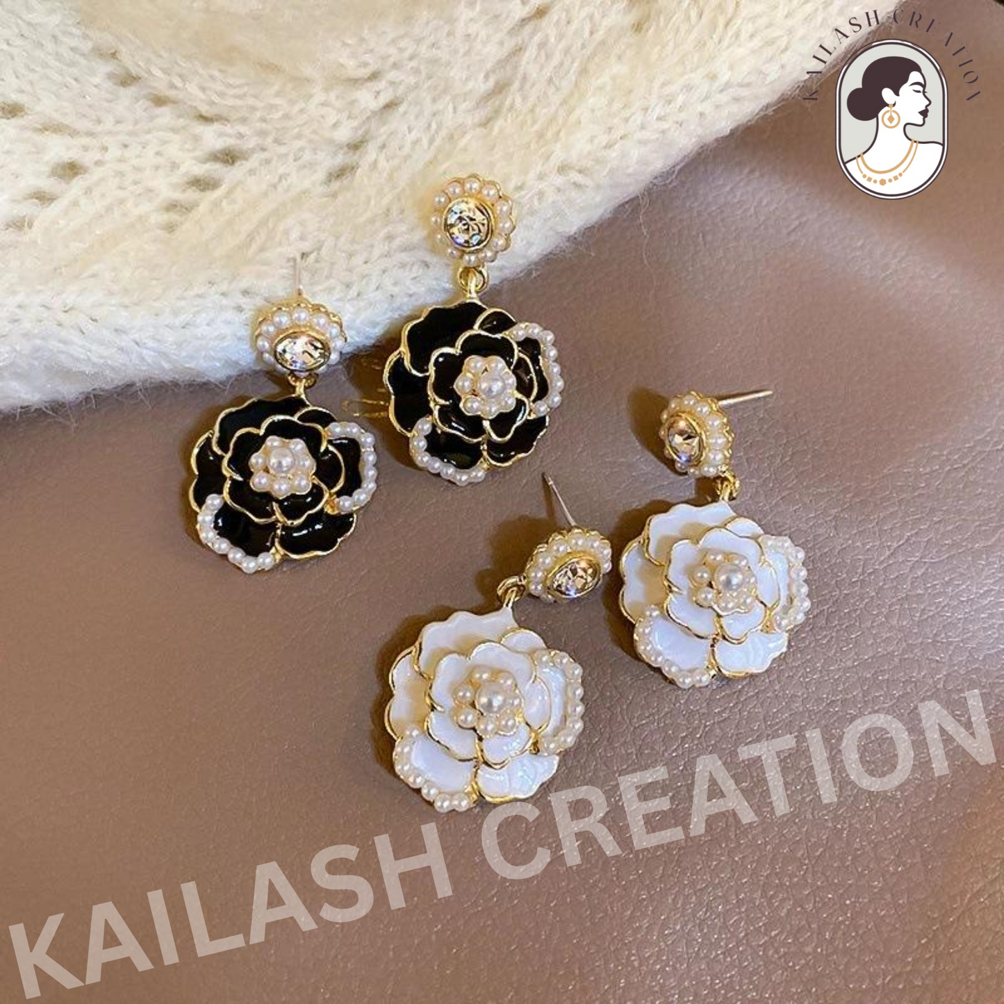Crystal Pearl Camellia Earrings for Women
