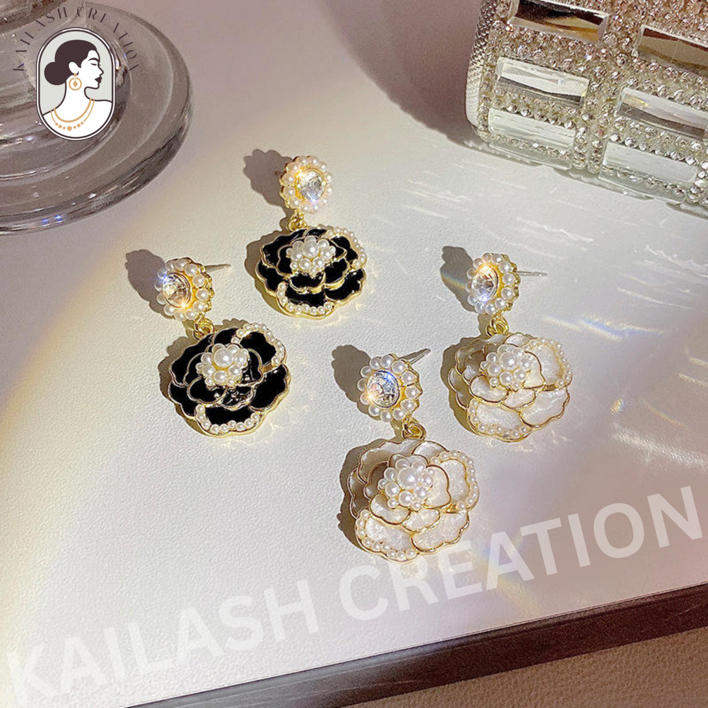 Crystal Pearl Camellia Earrings for Women