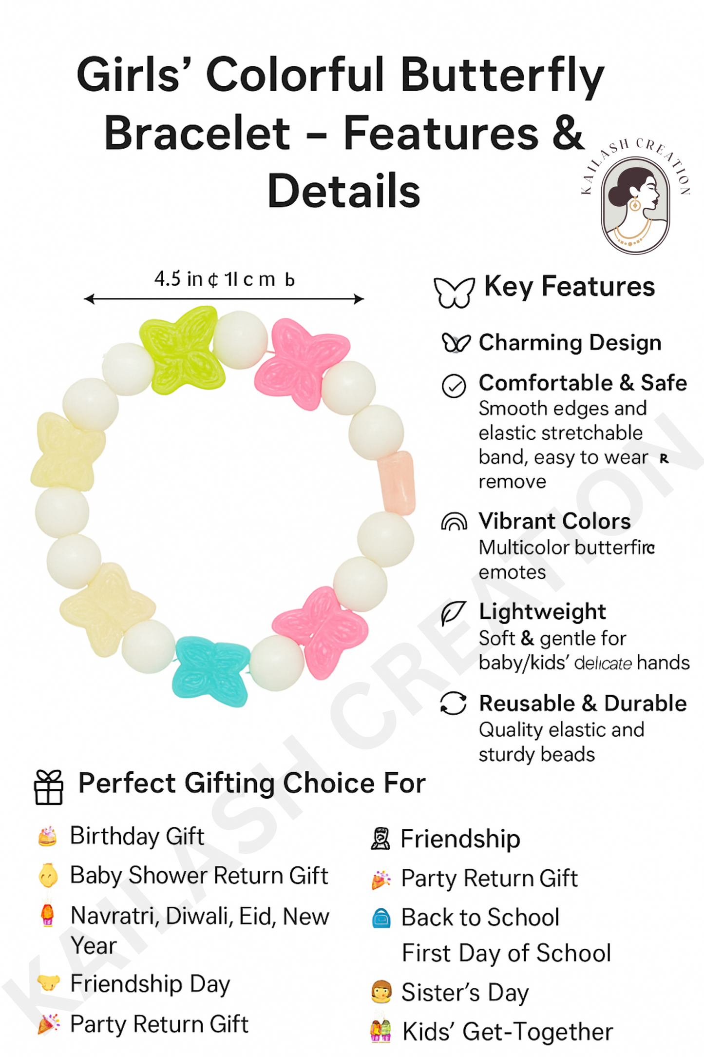 Kids Girls Colorful Butterfly Cute Beaded Bracelet