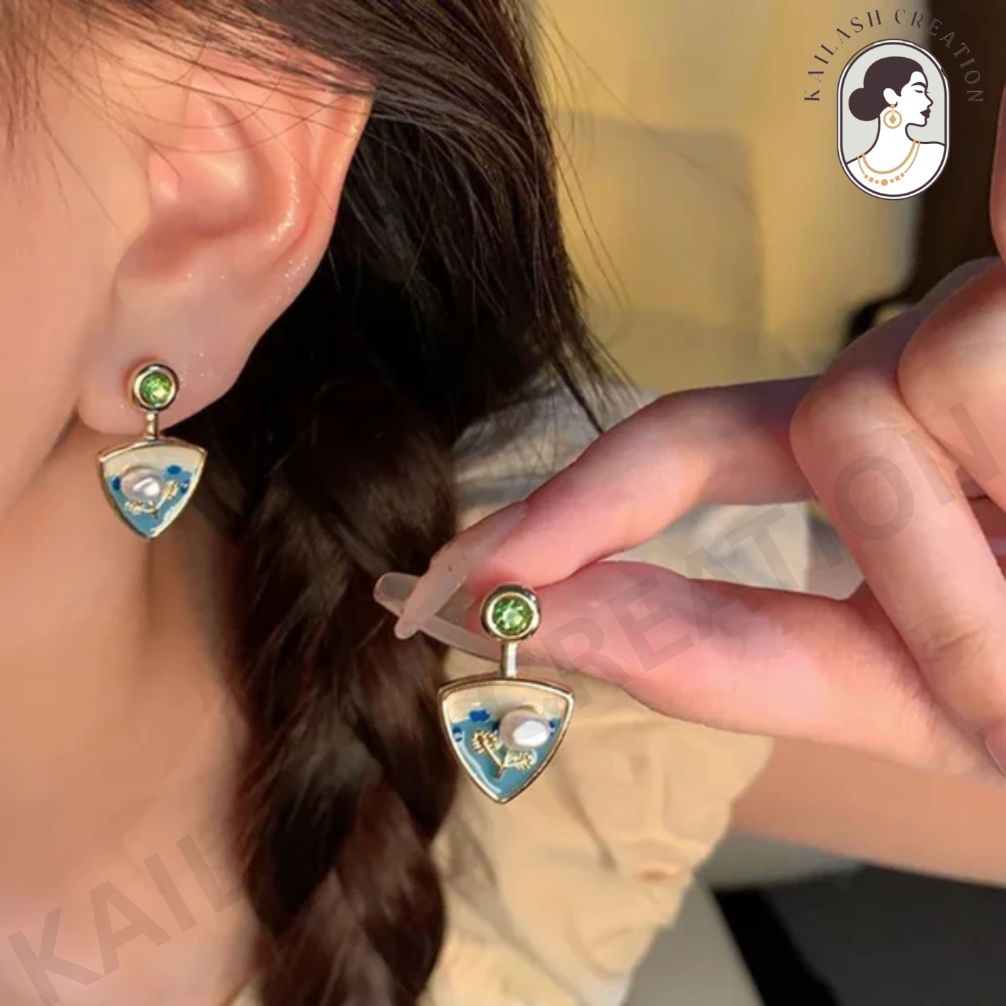 Triangle Enamel Pearl Drop Earrings for Women Stylish