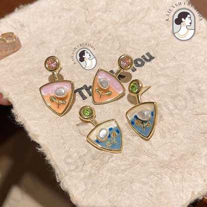 Triangle Enamel Pearl Drop Earrings for Women Stylish