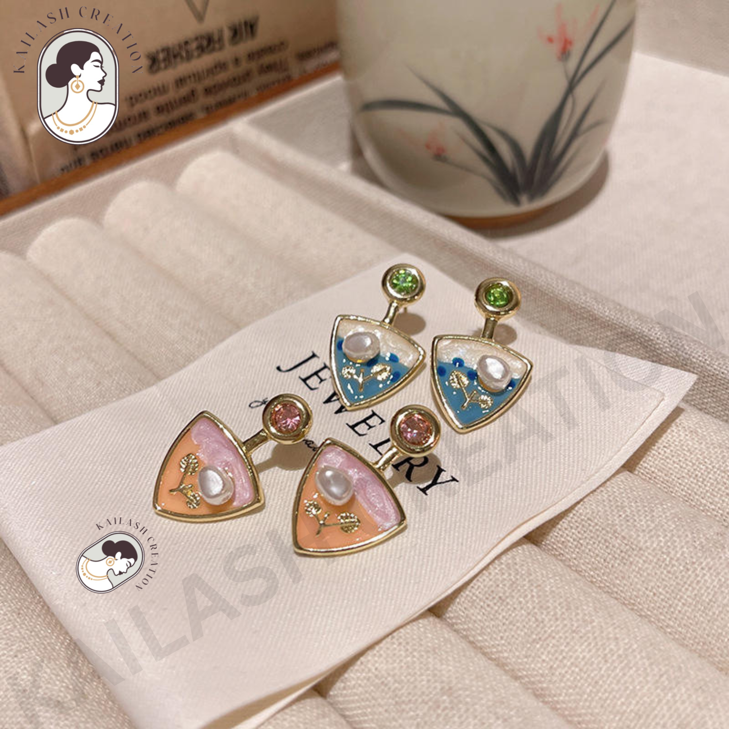 Triangle Enamel Pearl Drop Earrings for Women Stylish