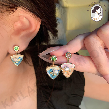 Triangle Enamel Pearl Drop Earrings for Women Stylish