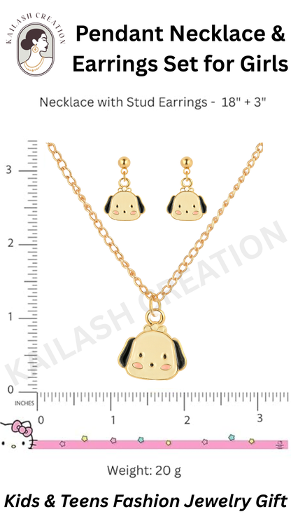 Cute Puppy Face Pendant Necklace & Earrings Set for Girls