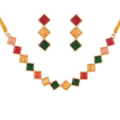 Multicolor Square Stone Necklace & Earring Set for women and Girls