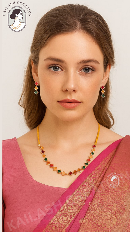 Multicolor Square Stone Necklace & Earring Set for women and Girls