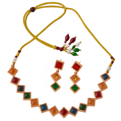 Multicolor Square Stone Necklace & Earring Set for women and Girls