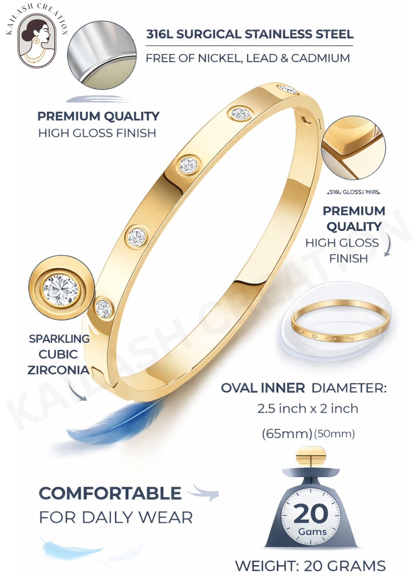 18K Gold Plated Unisex Love Oval Bracelet with Cubic Zirconia for Women