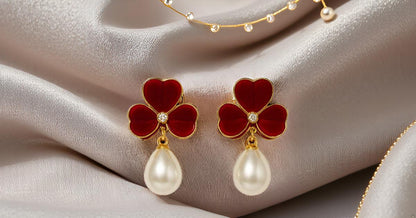 Enamel chic 3 petal clover Leaf Drop Earrings with Faux Pearl