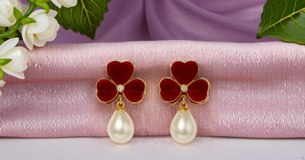Enamel chic 3 petal clover Leaf Drop Earrings with Faux Pearl