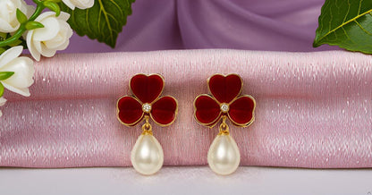 Enamel chic 3 petal clover Leaf Drop Earrings with Faux Pearl