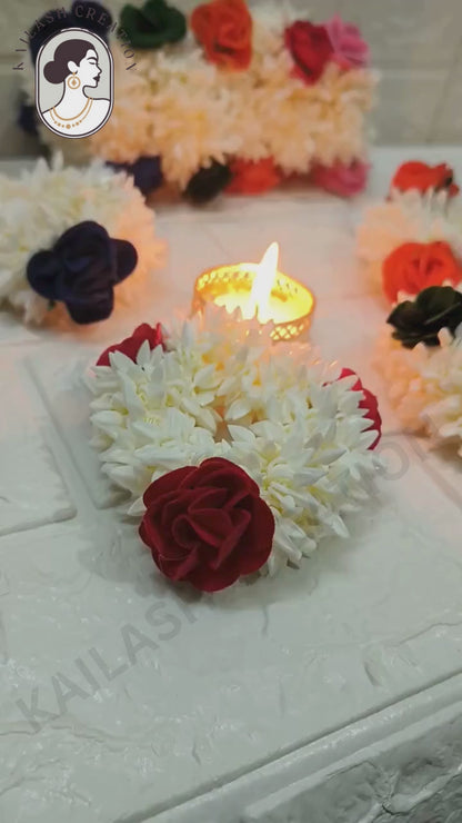 Artificial Mogra Gajra for Hair Bun with Red Yellow Green Flowers