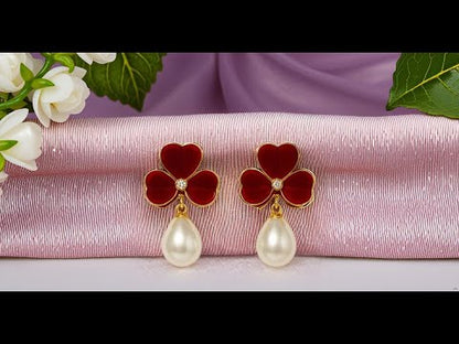 Enamel chic 3 petal clover Leaf Drop Earrings with Faux Pearl